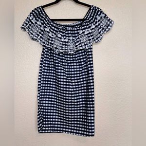 Black and white checked off the shoulder mini dress.